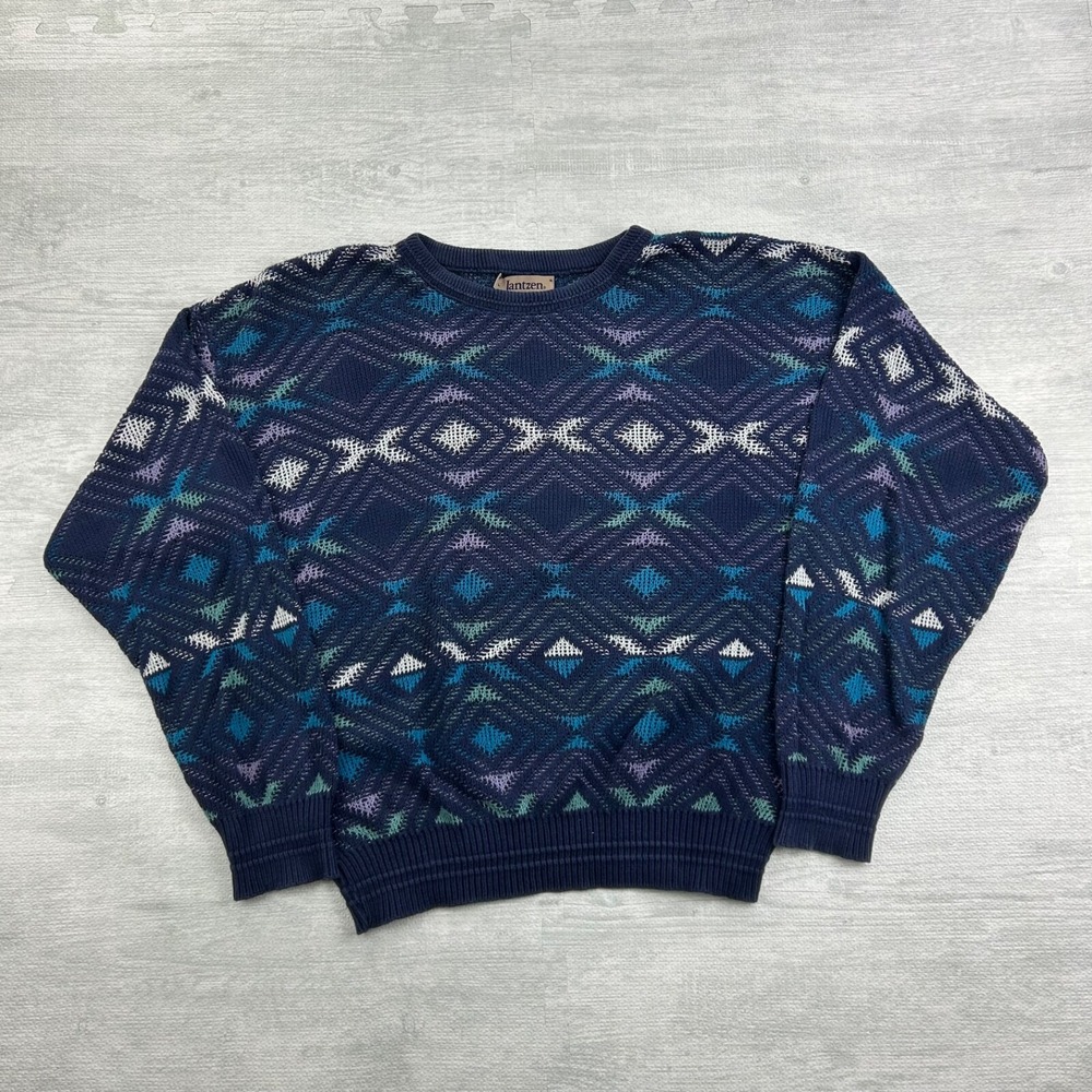 Vintage 90s Jantzen Geometric Sweater Size Large Purple Multicolor Pullover USA